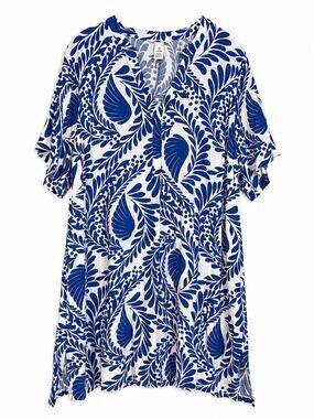 H&M Blue White Tropical Leaf Print Shift Dress Womens L 100% Viscose Boho Resort